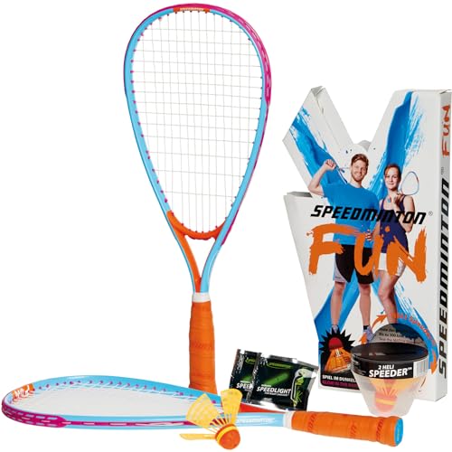 Speedminton 505586 FUN Set - Alternative zu Beachball/Federball inkl. 2 HELI Speeder für Strand, Park, Garten, HELLBLAU/ORANGE
