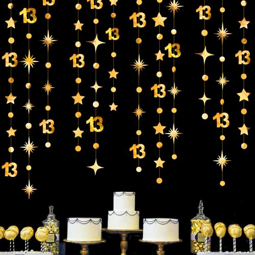 Image of Gold 13th Birthday Decorations Number 13 Circle Dot Twinkle Star Garland Metallic Hanging Streamer Bunting Banner Backdrop Girls Boys 13 Years Old Birthday Thirteen Official Teenager Party Supplies