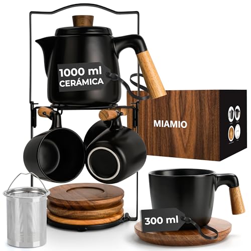 MIAMIO – Juego de tetera de cerámica de 1000 ml con infusor y tazas/colador de té, 4 tazas de té de cerámica (300 ml), platitos de bambú/asa para el hogar y el despacho (Negro)