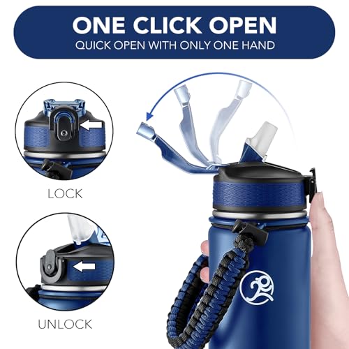 Image of GOSWAG 24oz Insulated Stainless Steel Travel Water Bottle, 2 Lids | with straw and no straw, Paracord handle, Double-wall vacuum keeps drinks cold or hot, Leakproof tumbler