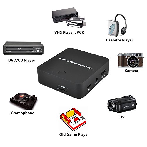 VHS Video To Digital Converter for Camcorder Tape Hi8 VCRs DVR CD DVD Cassette Games Analog File Digitizer - AV Live Streaming Recorder RCA Recording Capture Card Device Audio Record Adapter Equipment