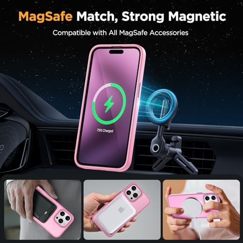 Image of Miracase Magnetic for iPhone 15 Pro Case 6.1 inch (Compatible with MagSafe)(with 2X Screen Protectors)Military-Grade Protection, Anti-Fingerprint Translucent Matte Phone Cover, Mes Pink