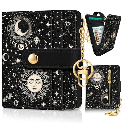 Sun and Moon Rfid Women Wallet, Small Slim Thin Credit Card Wallet, PU Leather Bifold Cash Zipper Coin Pocket ID Window for Female Ladies Teen Girls Girly