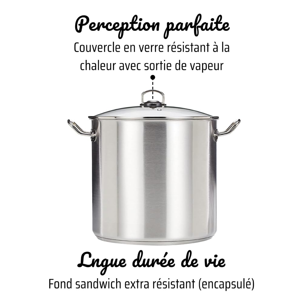 GSW Grande marmite professionnelle – grand pot XXL pour soupe, pâtes et ragoût, idéale pour les familles et la gastronomie – Acier inoxydable, 30 cm, 20 litres