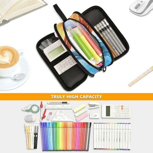 Image of Wfrish Red Dragon Fire Blue Large Capacity Pencil Case, 3 Compartments Pen Pouch Organizer for School College Office, Zippers Big Pencil Bag for Teens Adults Girls Boys Makeup
