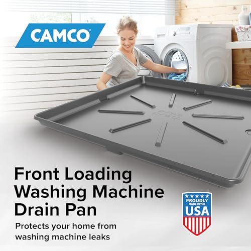 Image of Camco Low Profile Washing Machine Drain Pan with PVC Fitting, 29 inch x 33 inch ID and 31 inch x 35 inch OD - Protects Your Floors from Washing Machine Leaks - Easy to Use - Pewter - 20788