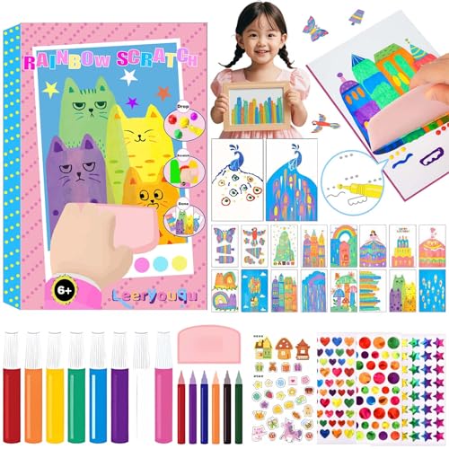 LEERYOUQU Squeegee Art Craft Kit Creative Painting Kit for Kids Rainbow Scratch Paper Art Set Notebooks Magic Dot Scratch Painting Party DIY Gifts for Girls and Boys