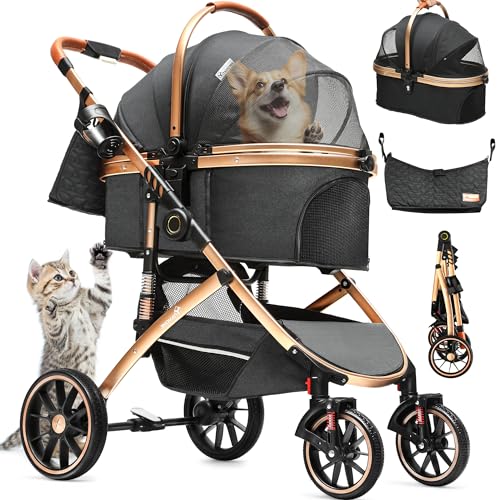 YITAHOME Hundewagen 3 in 1 Hundebuggy Bis 22kg, Transporttasche Klappbar Faltbar für Hunde, Haustiere Buggy, katzenwagen, Große Größe Hund Kinderwagen mit Netzfenstern Getränkehalter (Schwarz)