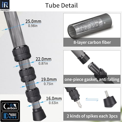 Image of Innorel Carbon Fiber Tripod P254C 62.5 inch Compact Lightweight Tripod & Monopod For Dslr Camera Stand Support With Low Gravity Center Ball Head Special-Shaped Center Column Max Load 26.5 Lbs 12 Kg