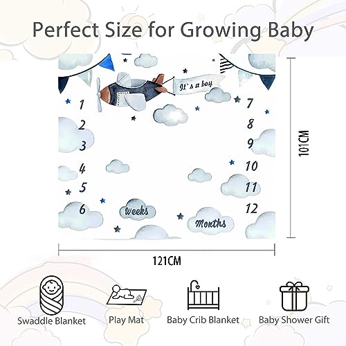 Image of Airplane Theme Baby Monthly Milestone Blanket for Boys, Soft Flannel Aircraft Pilot Cloud Stars Pattern Photography Prop Baby Shower Age Newborn Mom Gifts Nursery Decor (Blue, 48x40in)