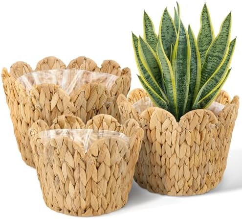 3 Pack Wicker Scalloped Plant Basket, Plant Baskets with Plastic ...