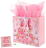 jabberwpacking Pink Rabbit Extra Large Gift Bag with Tissue Paper Ribbon and Greeting Card Happy Birthady Gift Bag for Girls - 13.8' x 12.6' x 5.9'