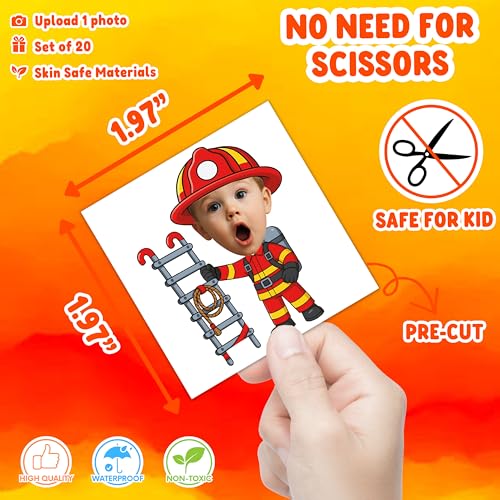 Image of Custom Firefighter Temporary Tattoos for Kids, Set of 20 | Personalized Pre-Cut Face Photo, Birthday Party Favors, For Boys & Firefighter Lovers, Unique Celebration Gifts