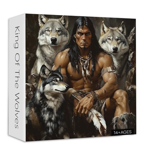 Rompecabezas Native Americans King with Wolves para adultos 1000 piezas. Hombre Indio y Lobo Gris. Rompecabezas desafiantes, vintage, animal, arte miniatura 1