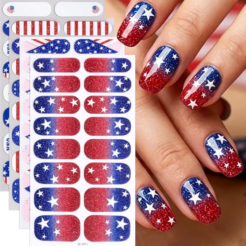 4th of July Full Nail Wraps Gel Nail Stickers Independence Day Nail Full Wraps Nail Polish Strips Star Stripe Design Full Cover Gradient Self-Adhesive Nail Decals for Women Manicure Nail Decoration