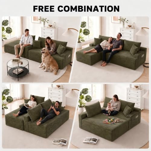 Image of 96 inch Boneless Couch, Modular L-Shaped Cloud Sectional Sofa, Green