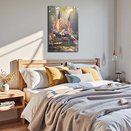 Image of Framed American Flag Floral Garden Wall Art, Patriotic 4th of July Canvas Art Pictures, USA Flag Flower Wall Decor, Made in USA Ready to Hang for Living Room Porch