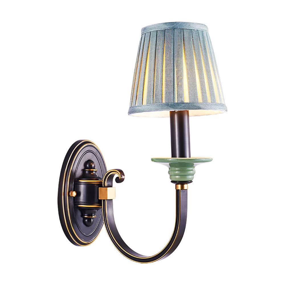 YNIYUJKL Wall Lamp, Green Fabric Wall Light V-Intage Wall Sconce Copper Wall Lamp, European Style Bedroom Bedside Lighting Fixtures, Ceramic Decor Wall Mounted Lamps For Liv