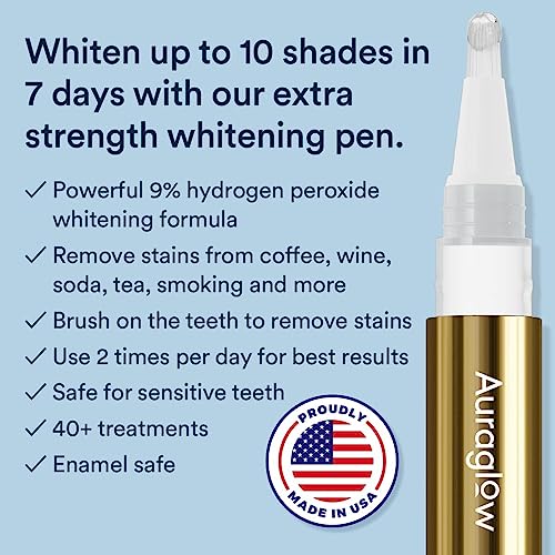 Image of Auraglow Teeth Whitening Pen - Extra Strength 9% Hydrogen Peroxide, 40+ Treatments, No Sensitivity, Removes Coffee Wine Tea Stains, Whiten Teeth Fast, Enamel Safe, Made in USA, 4mL