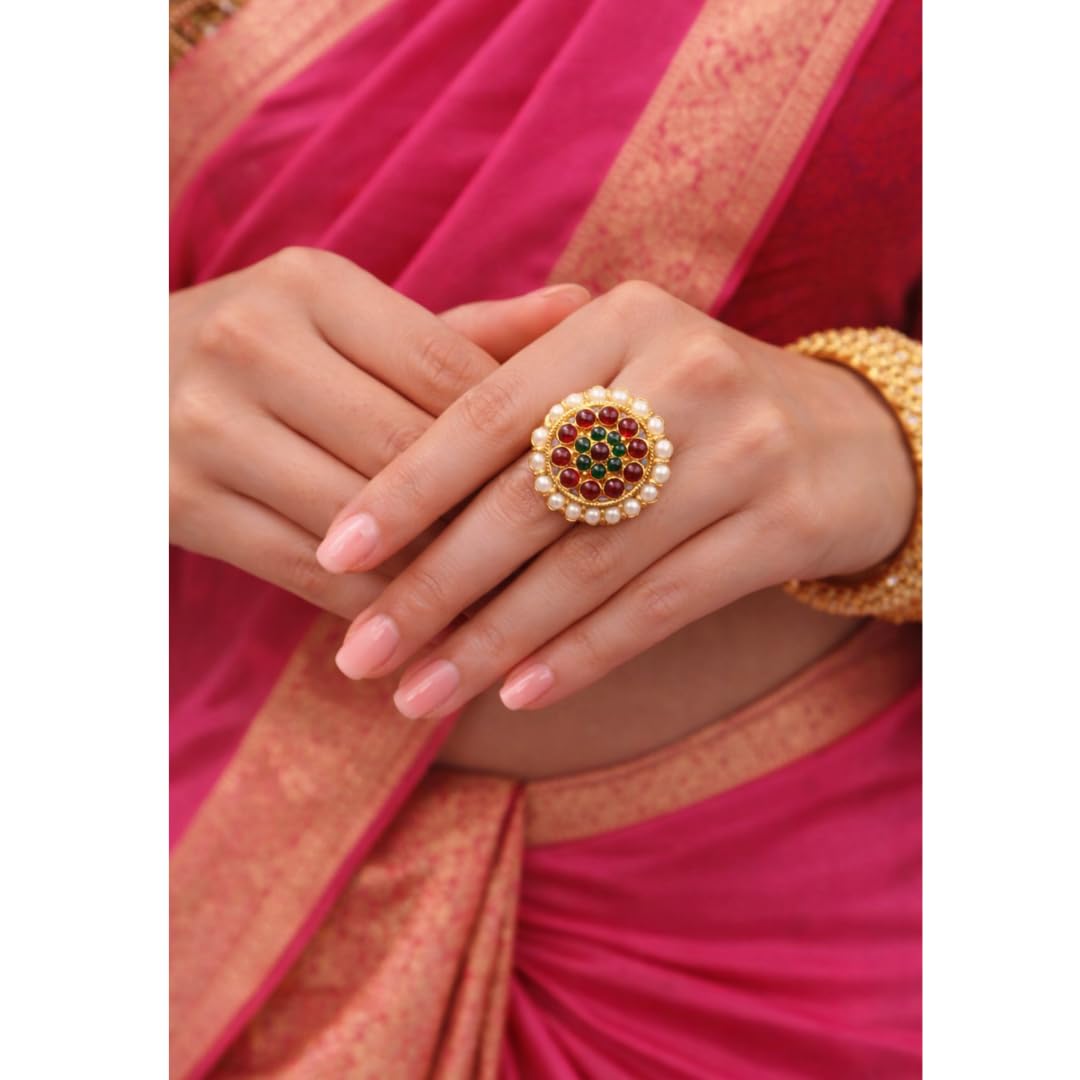 Traditional Kemp Stone Adjustable Ring for Women | Temple Jewellery Floral Design with Pearl Border | Bridal Wedding Ethnic Statement Finger Ring | South Indian Style-image-32