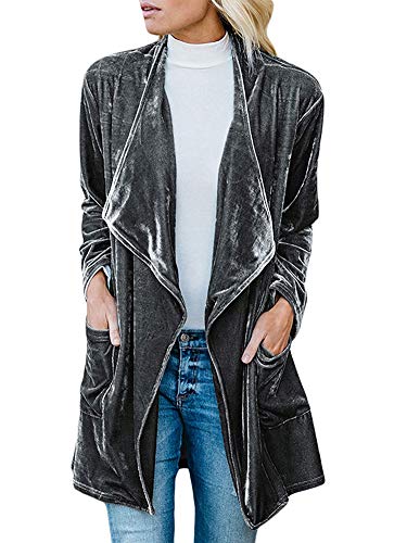 Women's Drape Open Front Long Sleeve Velvet Blazers Coat Casual Jackets Grey M