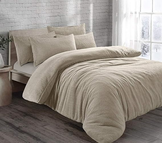 H2 Linen Teddy Bear Fleece Duvet Cover Size Black Plain Thermal Warm Teddy Sherpa Fleece Duvet Cover Set with Pillow Cases Reversible Bedding Quilt Covers Sets (Beige, King Size)