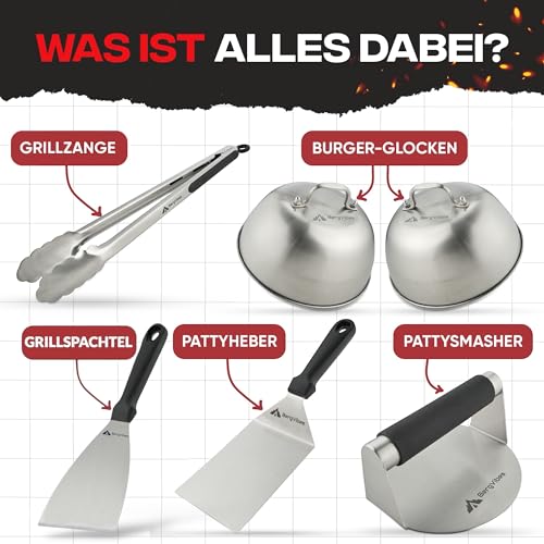 BERGVIBES Smash Burger Set 6 TLG. aus Edelstahl für Plancha, 2 Burgerglocken, Burgerpresse, Smasher, Pattywender, Grillzange, Burger Smasher Set, das ideale Geschenkset (Exklusive)