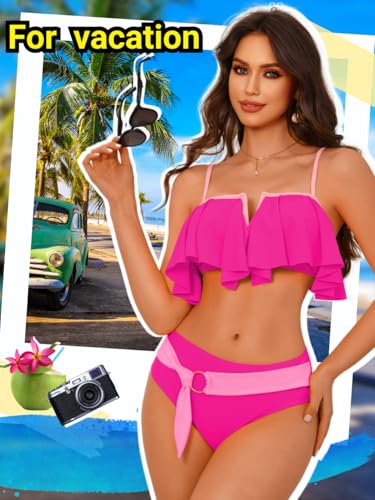 Ruffle V-Wire Bikini Set, Color Block Self-Tie Flowy, Mid Rise Full Coverage Bottom 2 Piece Swimsuit for Women4