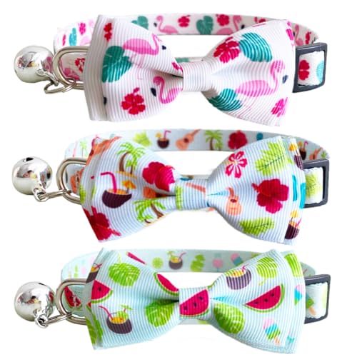 3 Pack Hawaiian Breakaway Cat Collar with Removable Cute Bow Tie and Bell Adjustable Safety Buckle Fruit Flamingos Hawaiian Styles