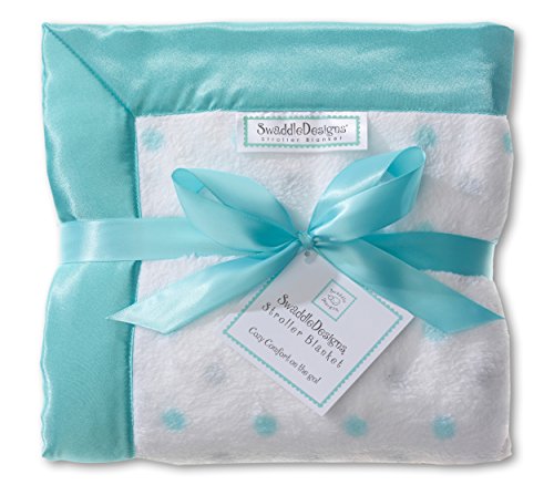 Image of SwaddleDesigns Stroller Blanket, Cozy Plush Baby /Toddler Blanket, 30x40 inches, SeaCrystal & Sterling Dots with Satin Trim