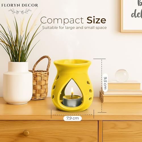Image of Floryn Decor Ceramic Diffuser with Free 3 Tealight Candles | Home Fragrance, Spa, Office & Yoga | Aromatherapy Gift Set of 3 (Yellow)