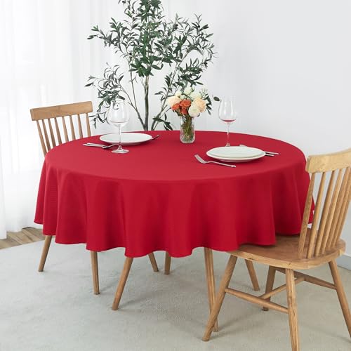 Image of maxmill Round Tablecloth Weaved Texture Design Spill-Proof Wrinkle Free Soft Christmas Table Cloth for Circular Table Cover, for Dining Room Banquet Parties Holiday Dinner, 90 Inch Red