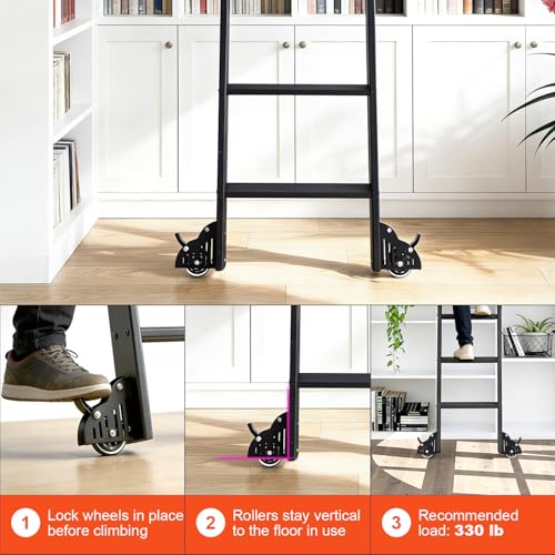 Image of 87 inch Black Sliding Library Ladder with 3.3FT Hook Track - Lightweight Aluminum Rolling Ladder with Braking Wheels, Space-Saving Rail Mounted Ladder System for Home Library, Closet & Storage