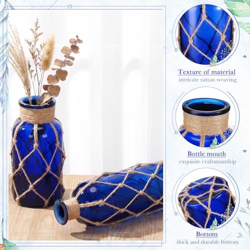 Image of Chuangdi Set of 2 Coastal Glass Flower Vase with Boho Rope, Deep Sea Blue