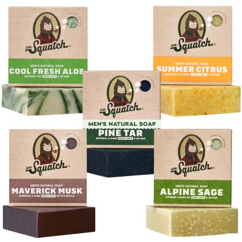 Image of Dr. Squatch Natural Men's Bar Soap - Cold Process Body Soap Bar with Natural Oils - Gifts for Men - Cool Fresh Aloe, Summer Citrus, Pine Tar, Maverick Musk & Alpine Sage (5 oz, 5-Pack)
