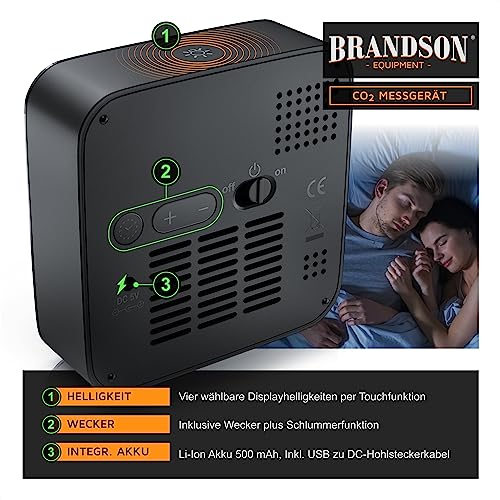 Brandson - CO2 Melder Messgerät Luftqualitätsprüfer, Kohlenstoffdioxid Sensor Messung PPM, Co2 Anzeige, Raumluft Lüftungsampfehlung Alarm, Wecker, Temperatur Thermometer, Luftfeuchtigkeit Hygrometer