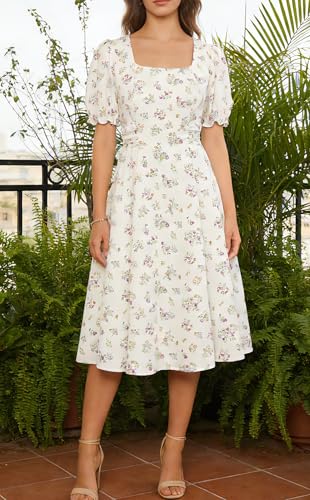 Image of Belle Poque Women's Vintage Midi Cottagecore Cocktail Dresses | Belle Poque Women's Vintage Cottage Core Dress,A-line,Midi,Square Neck,Homecoming Dress,Cocktail Dress,Sun Dress