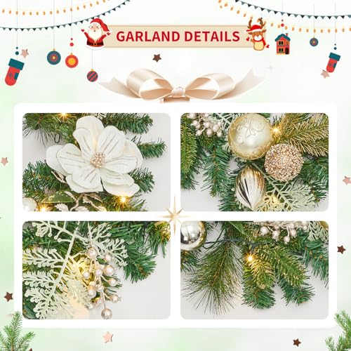 GarveeHome 6FT Christmas Garland with Lights, Prelit Christmas Garland for Mantle with 20 LED Lights Timer Gold Balls Magnolia Flower, Indoor Outdoor Xmas Garland for Fireplace Holiday Decorations