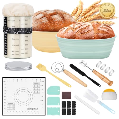 WADEO Cesta de fermentación, Set de iniciación de masa madre, Juego de pan con 2 cestas de fermentación y un tarro de masa madre, Set de iniciación para principiantes