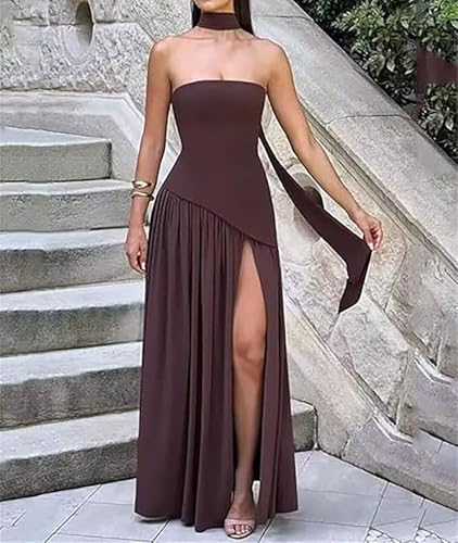 Women Strapless Corset Asymmetrical High Split Flowy Maxi Dresses Evening Gown Wedding Guest Dress with Scarf2