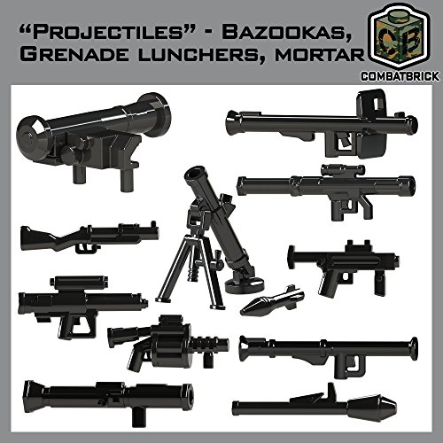 CombatBrick Bazookas, Grenade launchers, Mortar Accessories lot. Projectiles 16 Parts Set in Black. Custom Brick Builder Accessories