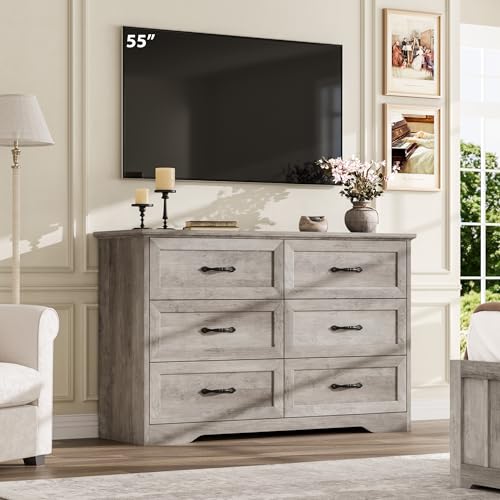 GarveeHome 6 Drawers Dresser for Bedroom,Chest of Drawers with Wide Metal Handle,Farmhouse Modern Wooden Dresser,Natural Texture,Storage Organizer Dresser for Bedroom,Living Room,Kids Room(Grey)