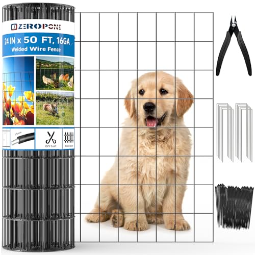 ZeroPone Black PVC Coated Welded Wire Fence 24 Inch x 50 Foot, 2 x 3 Inch 16GA Garden Border Fencing Roll Metal Wire Mesh Animal Barrier Fence for Yard Plant Vegetable Protection Dog Poultry Netting