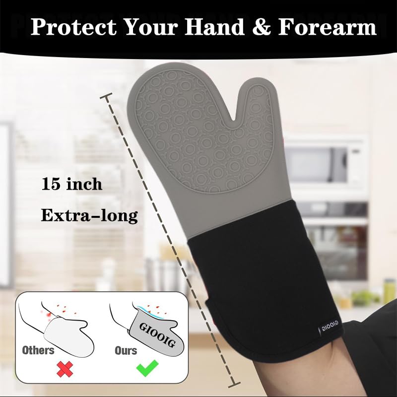 Extra Lange Ofenhandschuhe – Hitzebeständig Bis 500°C, Rutschfest & Wasserdicht – 2 Stück, Grau