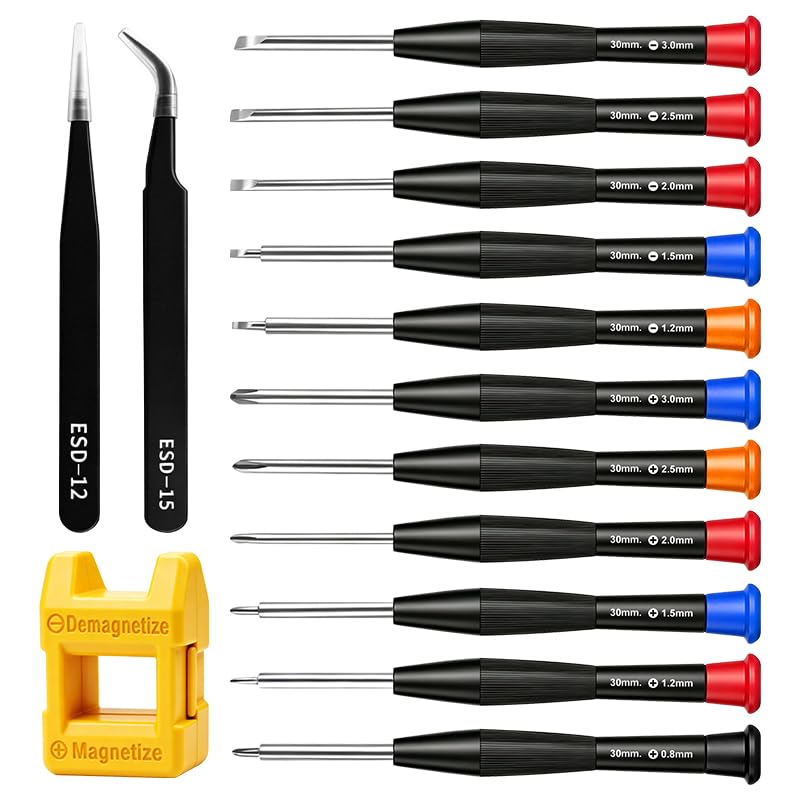 11 Pcs Precision Screwdriver Set, Small Repair Tool Kit for Glasses Watch PS4 with Tweezers Magnetizer - 0.8-3.0mm Slotted Phillips Bits
