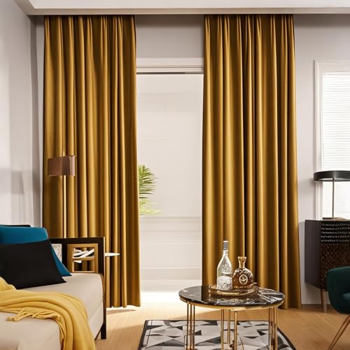 Luxury Velvet Curtains 1 Pair Pencil Pleat Room Darkening & Thermal Insulated Drapes for Living Room & Bedroom Elegant Gold 2x66x84 Inch.