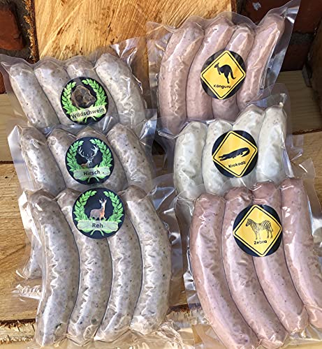 XXL Exoten/Wild Bratwurst Pack (Reh-, Wildschwein-, Hirsch-, Krokodil-, Känguru- und Zebrabratwurst)