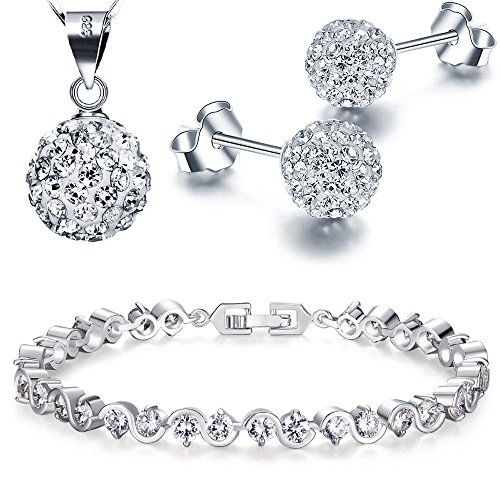 Kim Johanson Damen Schmuckset *Trinity* in Silber I Halskette mit Anhänger & Ohrringe aus 925 Sterling Silber I Armband rhodiniert I Mit weißen Kristallen besetzt inkl. Schmuckbeutel Cover