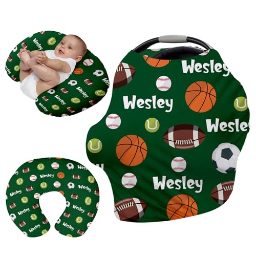 Personalised 7 in 1 Car Seat Cover for Girls and Boys - Multipurpose Breast Feeding Cover, Green Sport Pattern Nursing Cover, Grocery Cart Cover - Birthday Gift for Babies(27