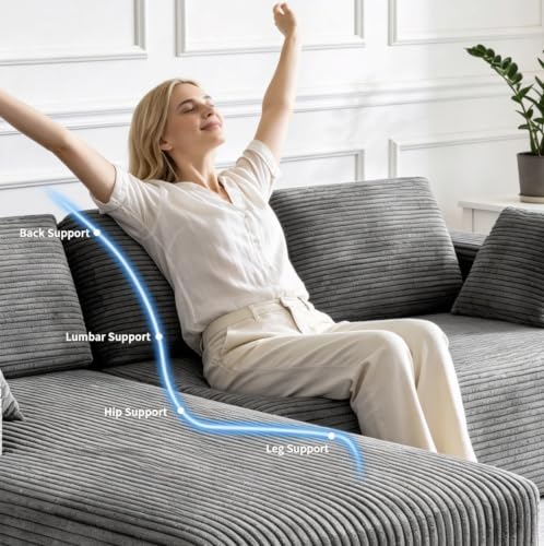 Image of 93 inch L-Shaped Modular Sectional Sofa with Chaise, Boneless Corduroy Cloud Couch with Deep Seat and Oversized Comfort, Flexible Module Combination for Living Room, No Assembly Required